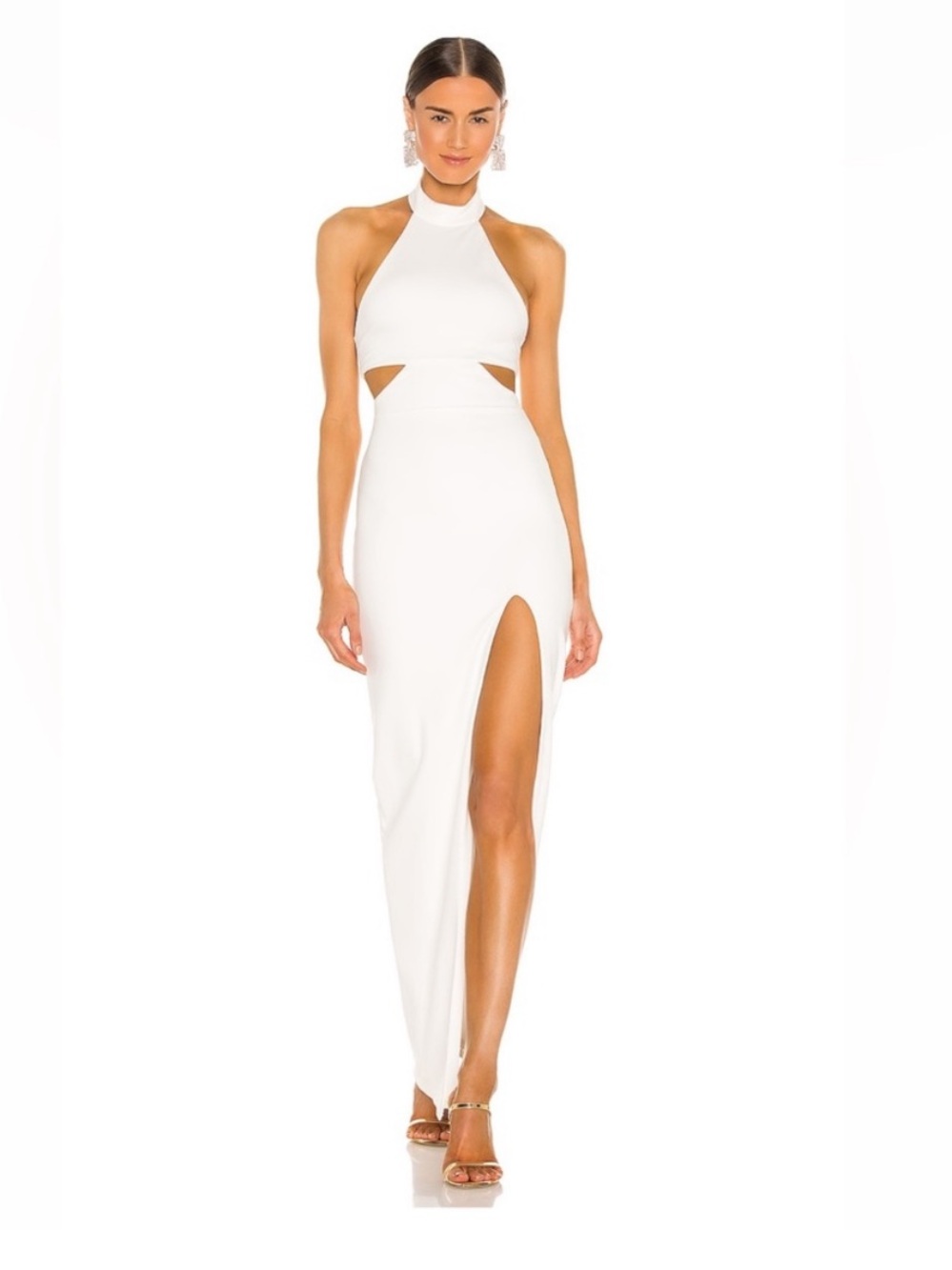 Michael Costello‎ White Halter Cutout Maxi Dress with Thigh Slit Party Bridal